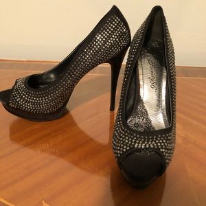 Size 7.5 black with rhinestone peep toe heels